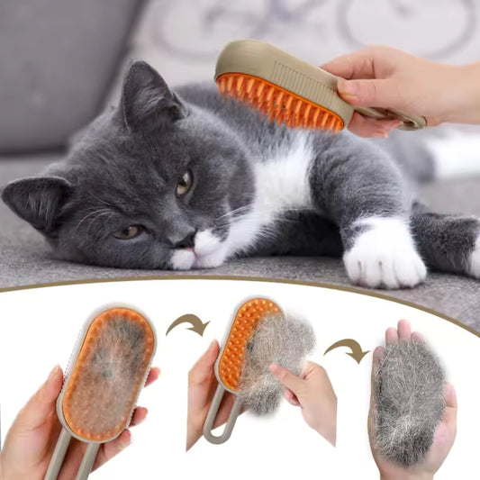 Cepillo para Gatos de Vapor 3 en 1 con Pulverizador y Masaje USB