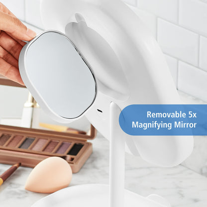 Espejo de maquillaje LED recargable con aumento y bandeja