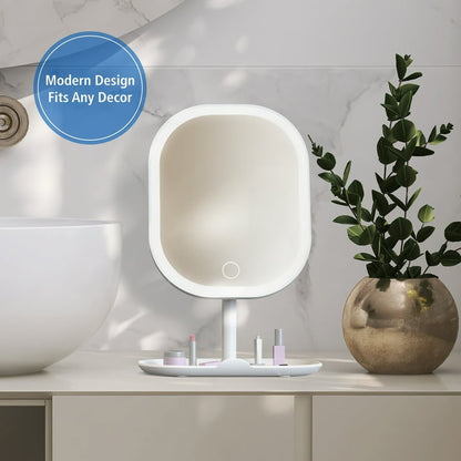 Espejo de maquillaje LED recargable con aumento y bandeja