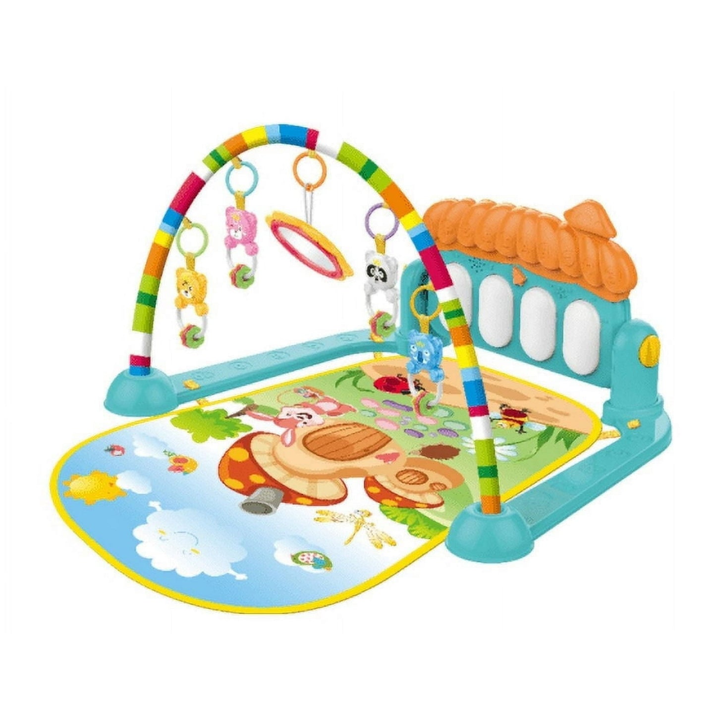 Tapete de juego para bebé con piano musical y arco de juguetes