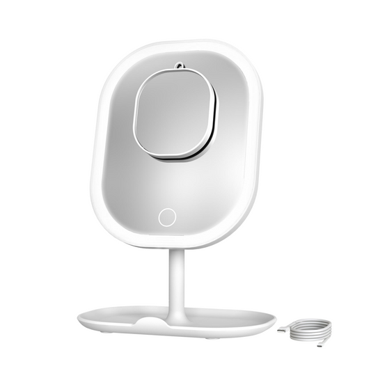 Espejo de maquillaje LED recargable con aumento y bandeja