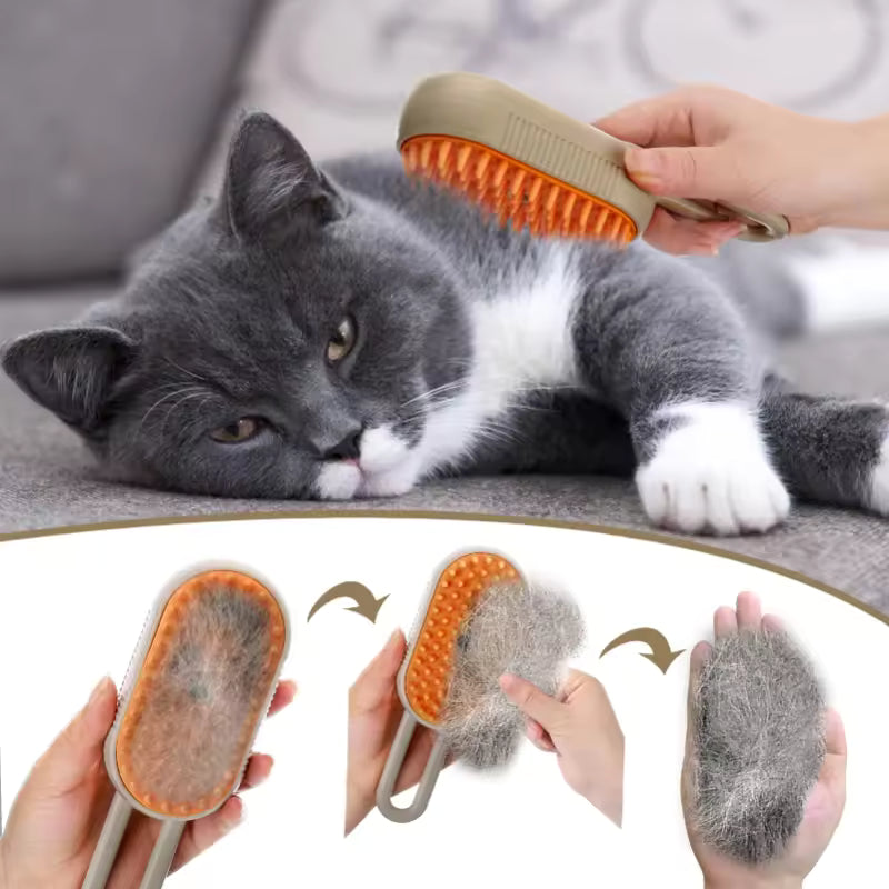 Cepillo para Gatos de Vapor 3 en 1 con Pulverizador y Masaje USB